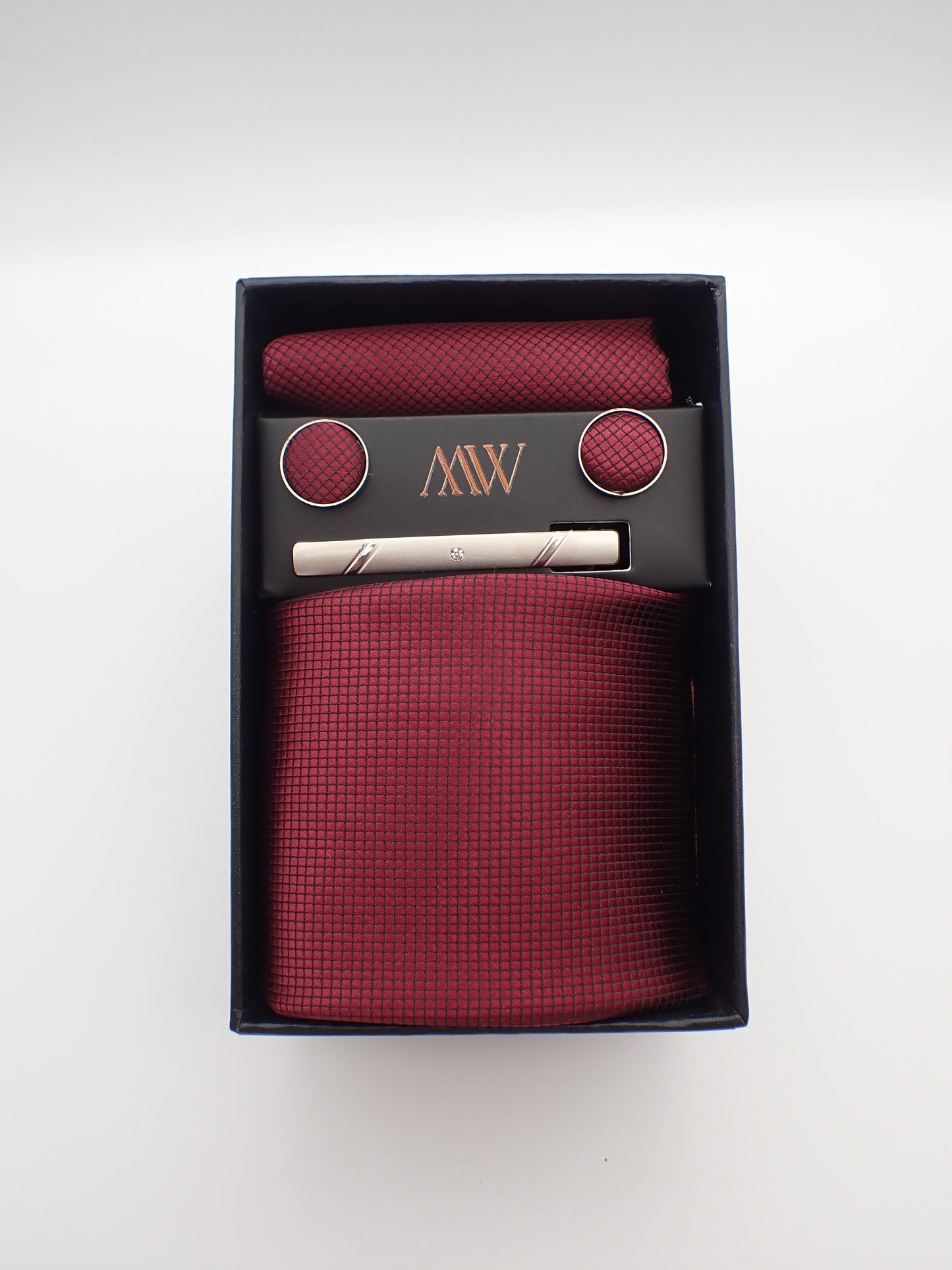 Dark Red Square Pattern Tie Set / Pocket Square Tie Bowtie Cufflinks Set / Wedding Tie / Tie Clips / Gift for him Mens Groomsmen Gift