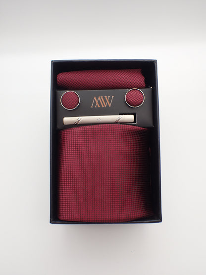 Dark Red Square Pattern Tie Set / Pocket Square Tie Bowtie Cufflinks Set / Wedding Tie / Tie Clips / Gift for him Mens Groomsmen Gift