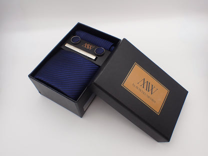 Solid Navy Blue Stripe Necktie Set / Pocket Square Tie Bowtie Cufflinks Set / Wedding Tie / Tie Clips / Gift for him Mens Groomsmen Gift