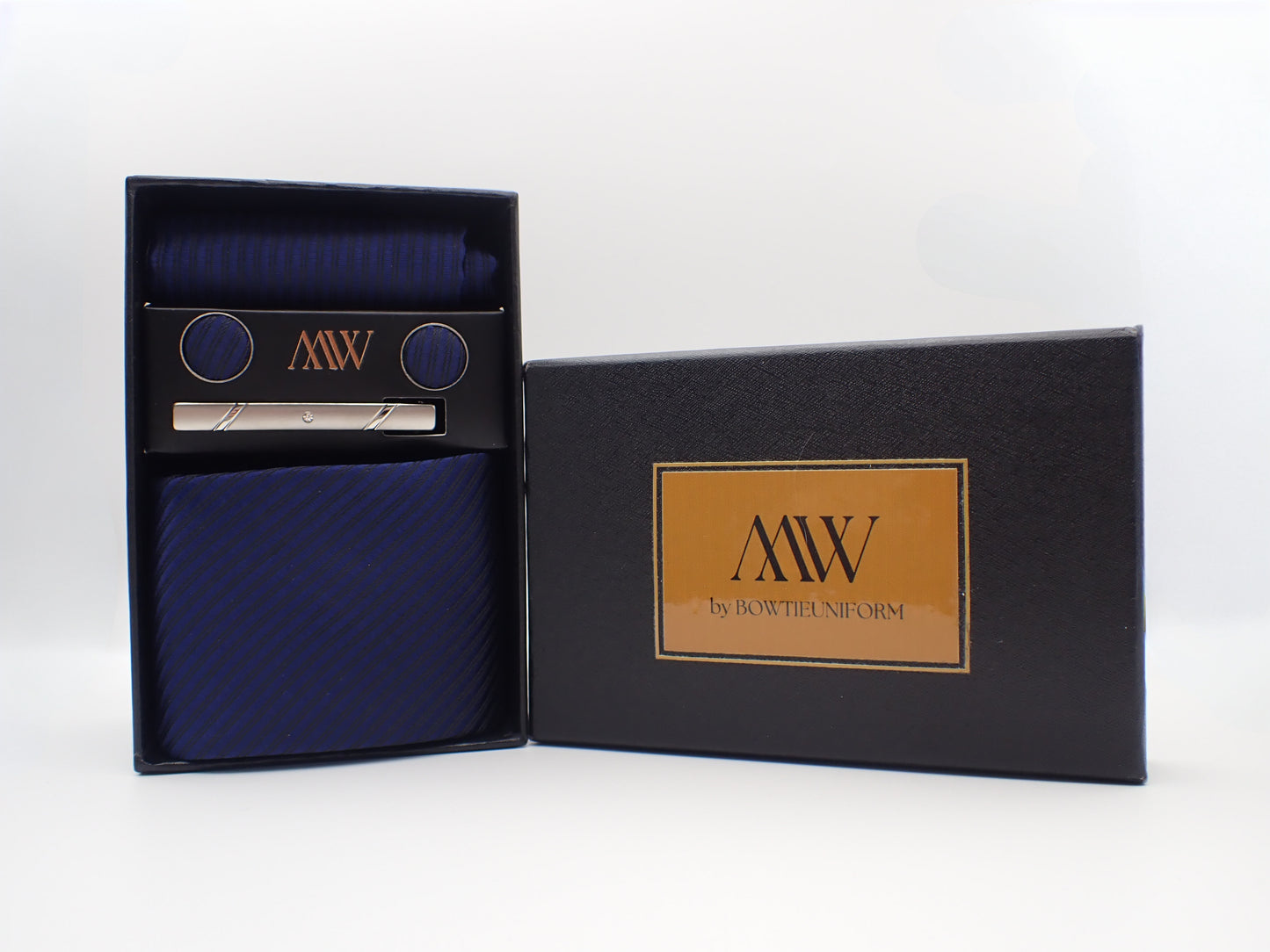 Solid Navy Blue Stripe Necktie Set / Pocket Square Tie Bowtie Cufflinks Set / Wedding Tie / Tie Clips / Gift for him Mens Groomsmen Gift