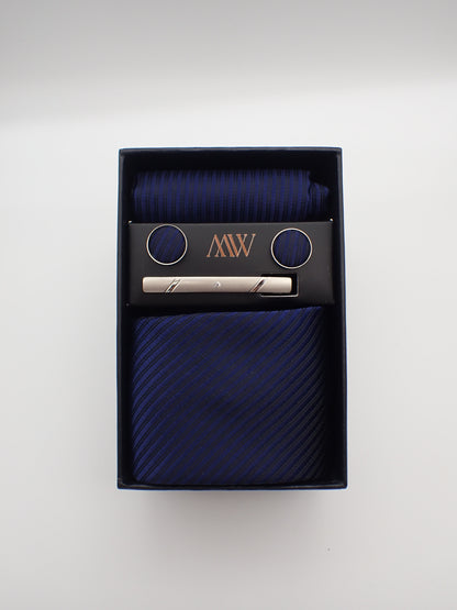 Solid Navy Blue Stripe Necktie Set / Pocket Square Tie Bowtie Cufflinks Set / Wedding Tie / Tie Clips / Gift for him Mens Groomsmen Gift