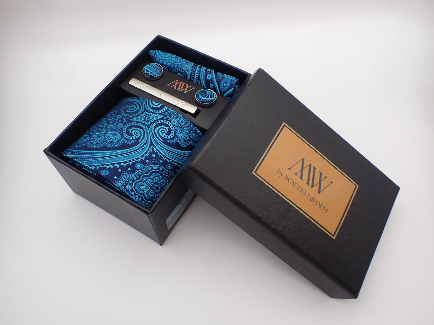 Cyan Blue Paisley Pattern Necktie Set / Pocket Square Tie Bowtie Cufflinks Set / Wedding Tie / Tie Clips / Gift for him Mens Groomsmen Gift