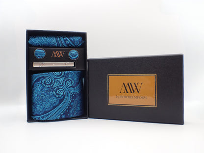 Cyan Blue Paisley Pattern Necktie Set / Pocket Square Tie Bowtie Cufflinks Set / Wedding Tie / Tie Clips / Gift for him Mens Groomsmen Gift