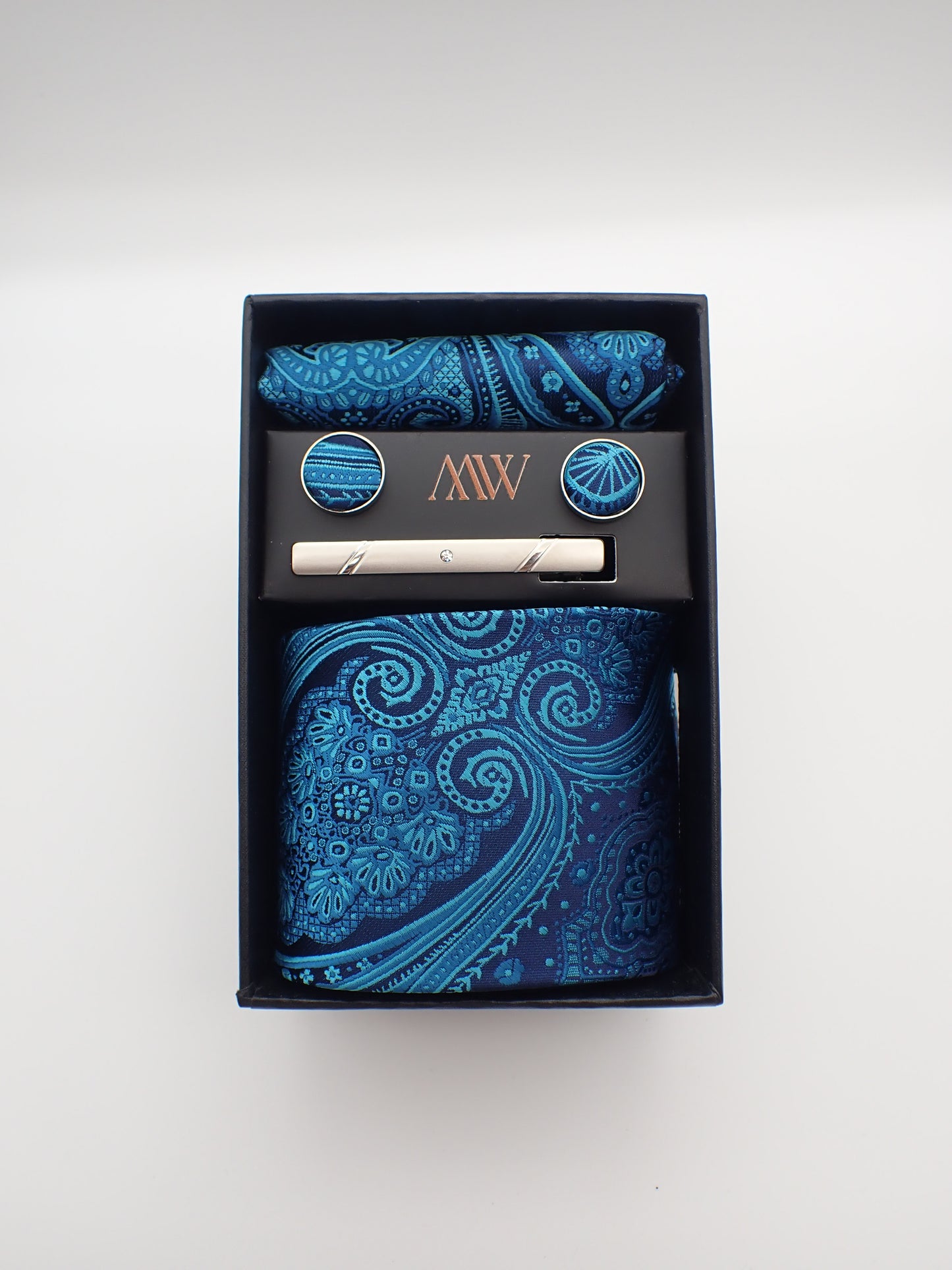 Cyan Blue Paisley Pattern Necktie Set / Pocket Square Tie Bowtie Cufflinks Set / Wedding Tie / Tie Clips / Gift for him Mens Groomsmen Gift