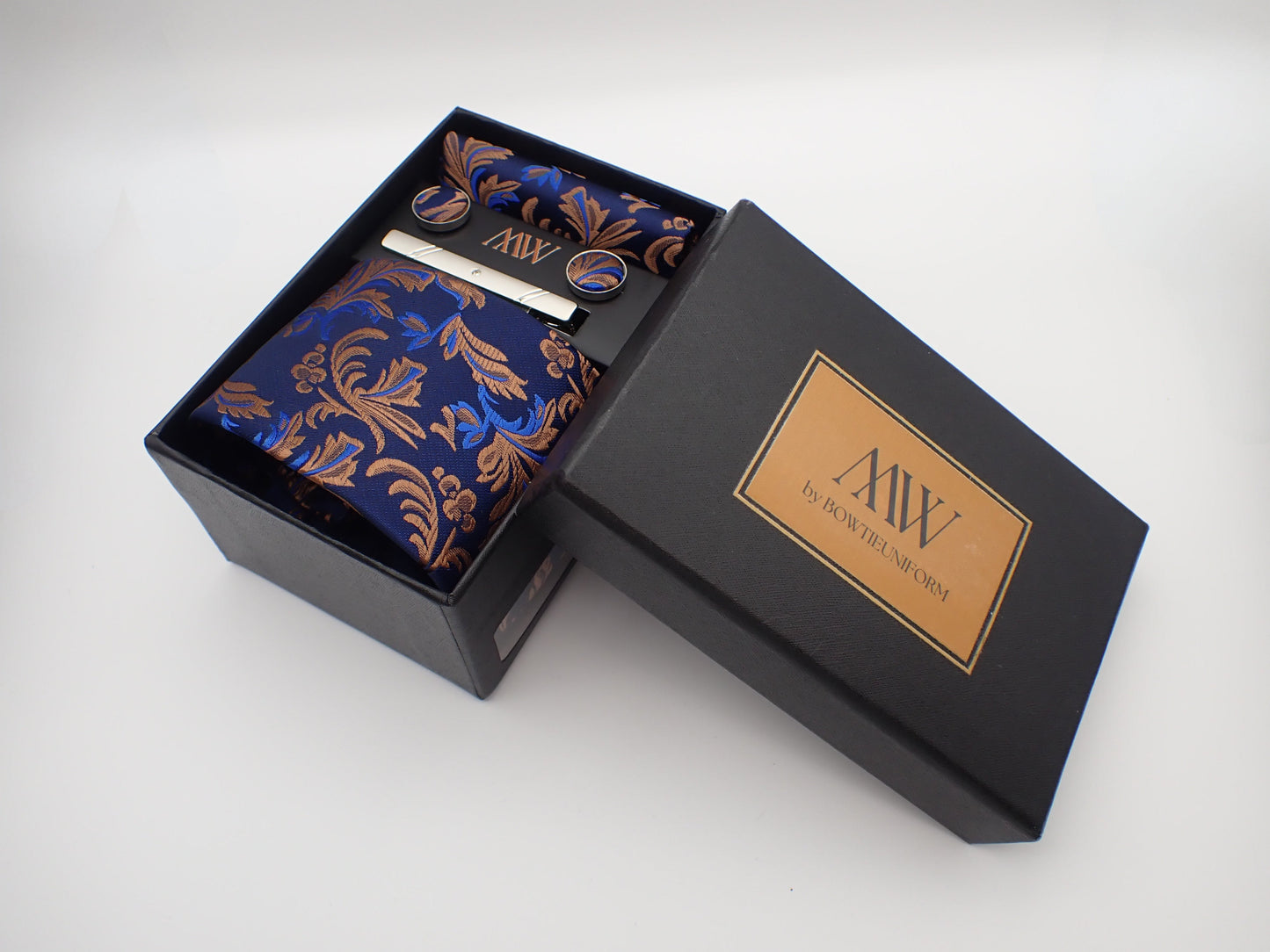 Navy Blue Beige Paisley Tie Set / Pocket Square, Bowtie, Tie Clip, Cufflinks / Gift for Him / Wedding Groomsmen Gift / Men's Gift Box