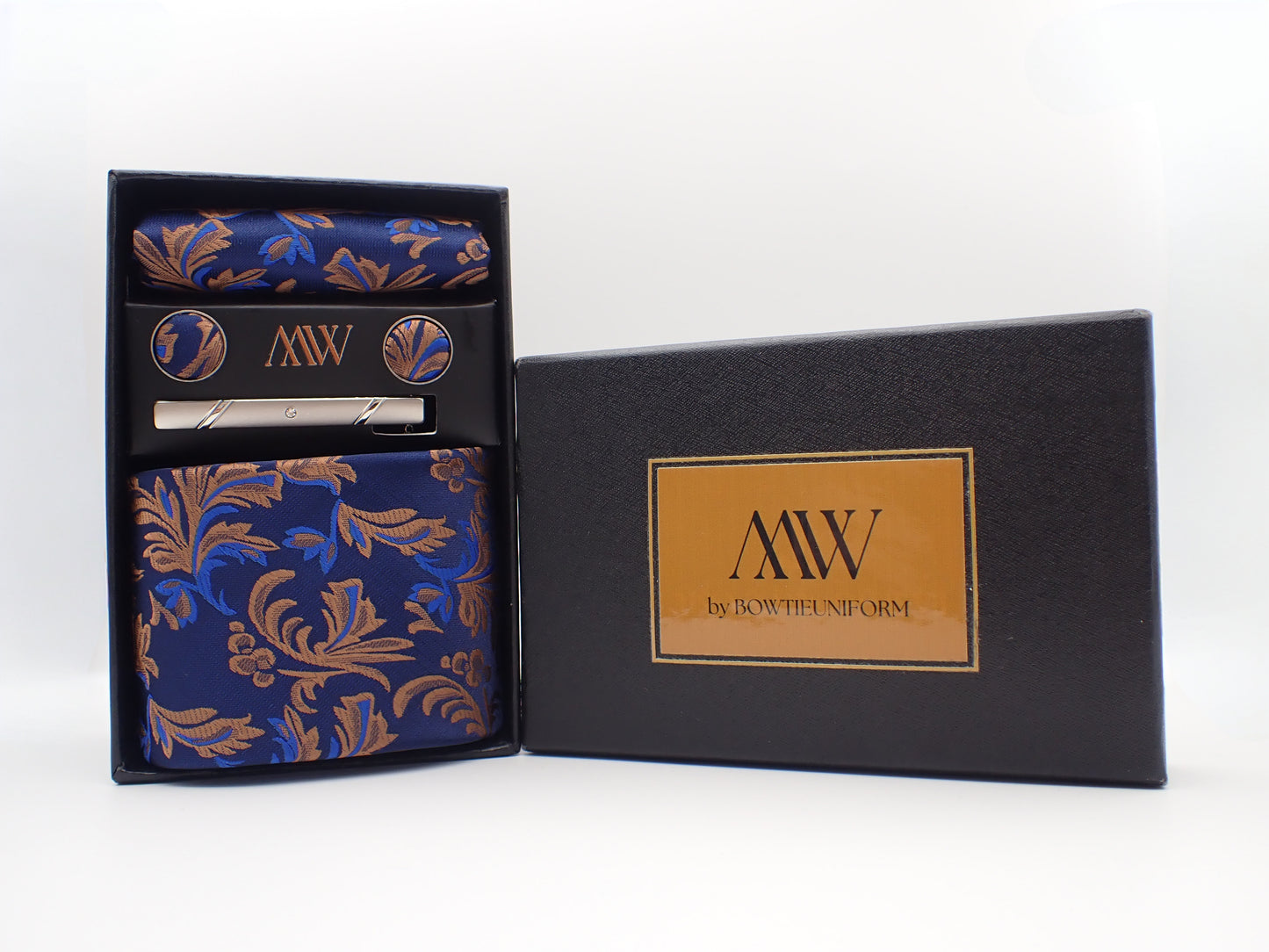 Navy Blue Beige Paisley Tie Set / Pocket Square, Bowtie, Tie Clip, Cufflinks / Gift for Him / Wedding Groomsmen Gift / Men's Gift Box