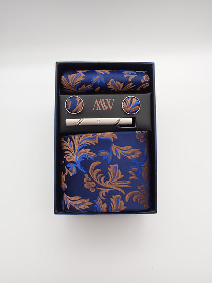 Navy Blue Beige Paisley Tie Set / Pocket Square, Bowtie, Tie Clip, Cufflinks / Gift for Him / Wedding Groomsmen Gift / Men's Gift Box