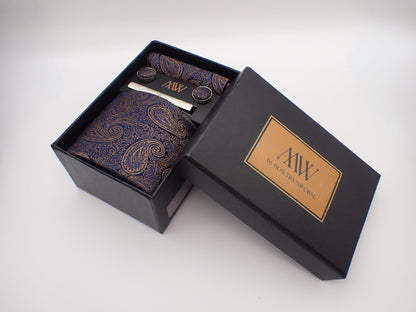 Navy Blue and Copper Gold Paisley Tie Set / Pocket Square Tie Bowtie Cufflinks Set / Wedding Tie / Tie Clips / Gift for him Mens Groomsmen