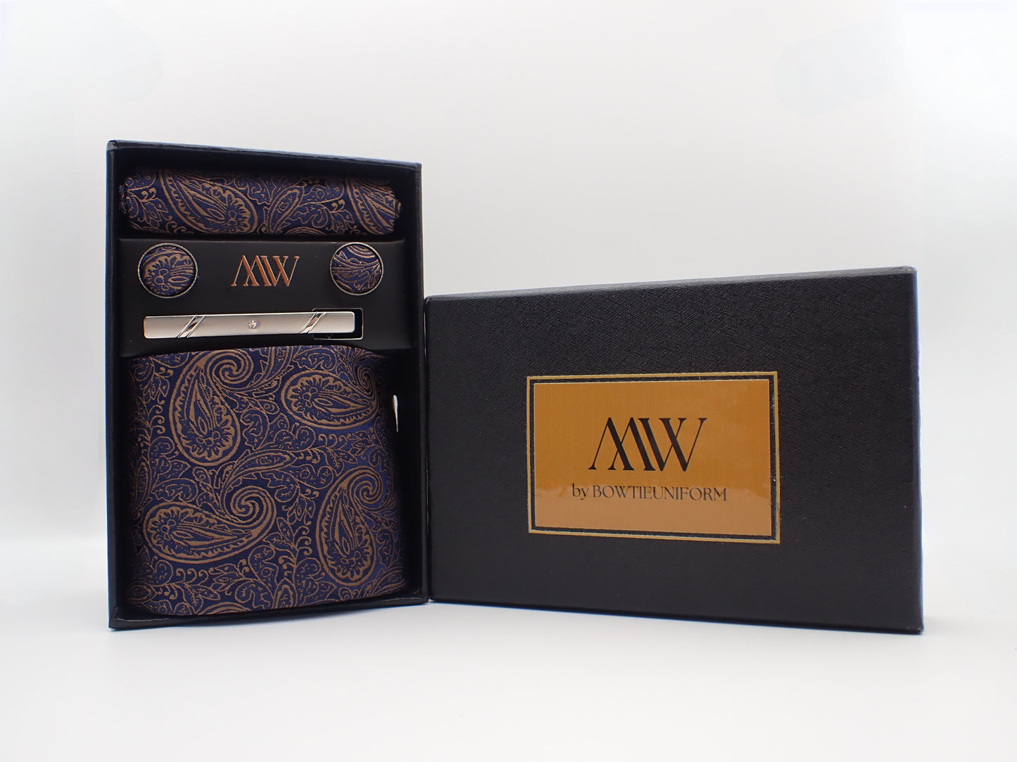 Navy Blue and Copper Gold Paisley Tie Set / Pocket Square Tie Bowtie Cufflinks Set / Wedding Tie / Tie Clips / Gift for him Mens Groomsmen