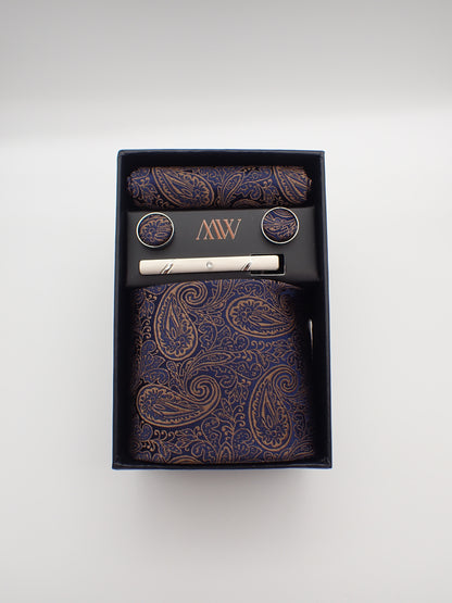 Navy Blue and Copper Gold Paisley Tie Set / Pocket Square Tie Bowtie Cufflinks Set / Wedding Tie / Tie Clips / Gift for him Mens Groomsmen