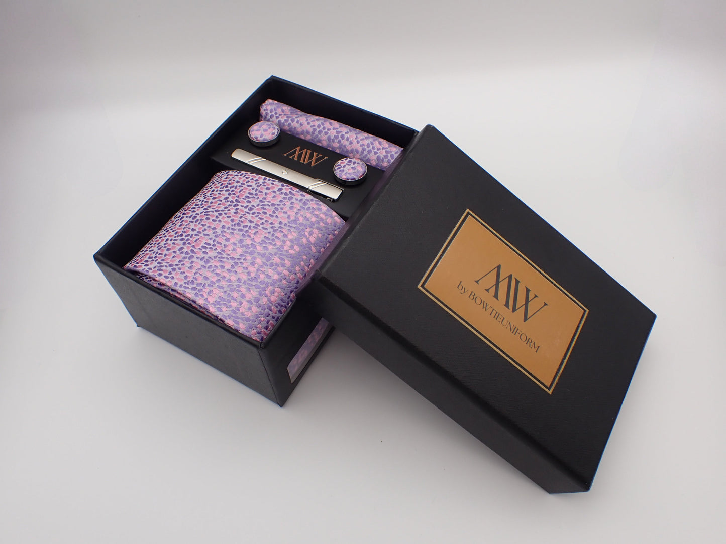 Lavender Pattern Tie Set / Pocket Square, Bowtie, Tie Clip, Cufflinks / Gift for Him / Wedding Groomsmen Gift / Men's Gift Box / Purple