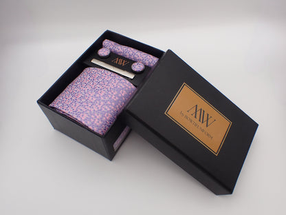 Lavender Pattern Tie Set / Pocket Square, Bowtie, Tie Clip, Cufflinks / Gift for Him / Wedding Groomsmen Gift / Men's Gift Box / Purple