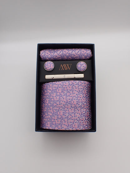 Lavender Pattern Tie Set / Pocket Square, Bowtie, Tie Clip, Cufflinks / Gift for Him / Wedding Groomsmen Gift / Men's Gift Box / Purple