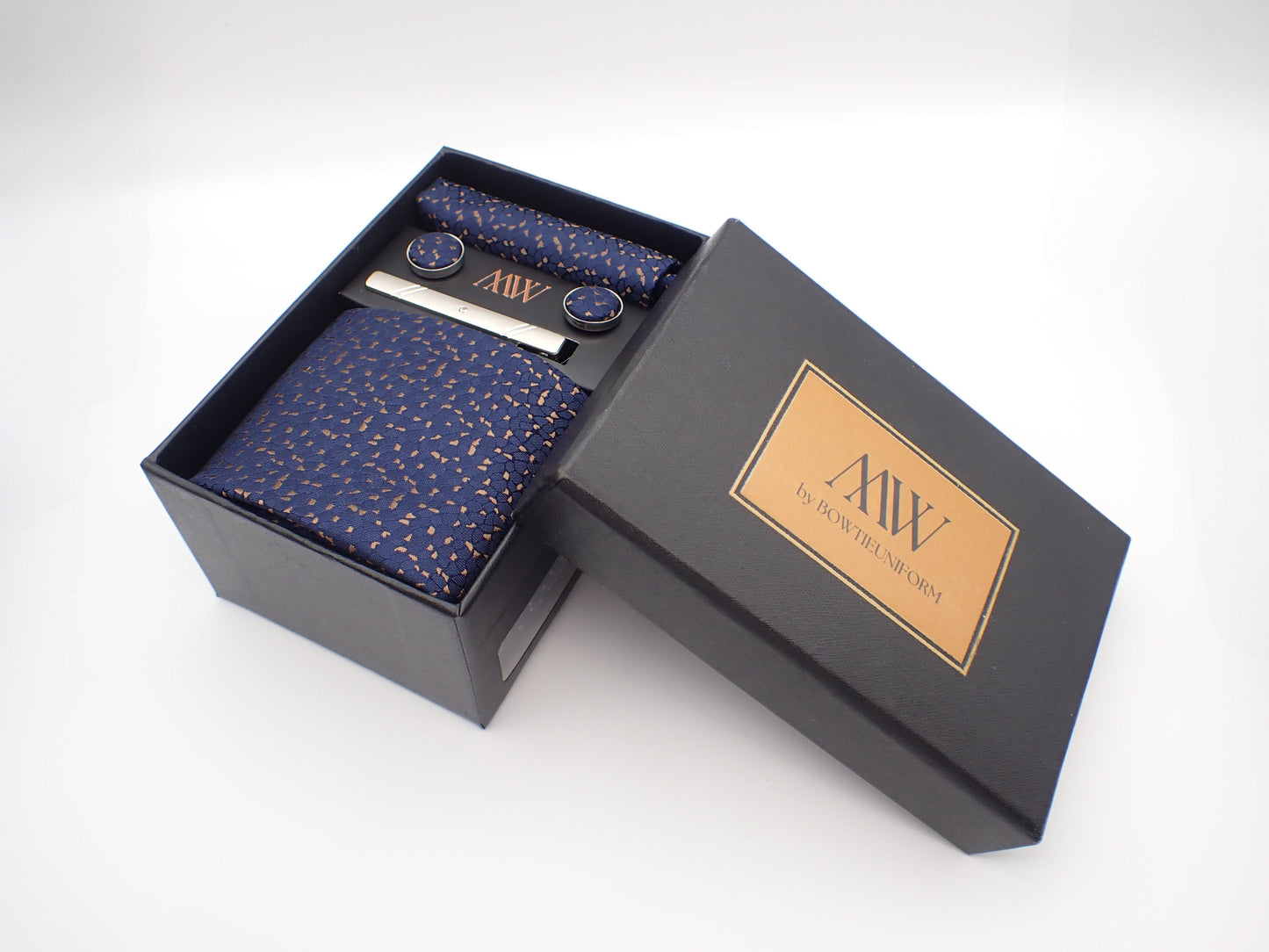 Navy Blue with Gold Leaf Pattern Tie Set / Pocket Square, Bowtie, Tie Clip, Cufflinks / Gift for Him / Wedding Groomsmen Gift / Men's Present