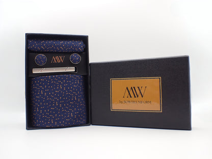 Navy Blue with Gold Leaf Pattern Tie Set / Pocket Square, Bowtie, Tie Clip, Cufflinks / Gift for Him / Wedding Groomsmen Gift / Men's Present
