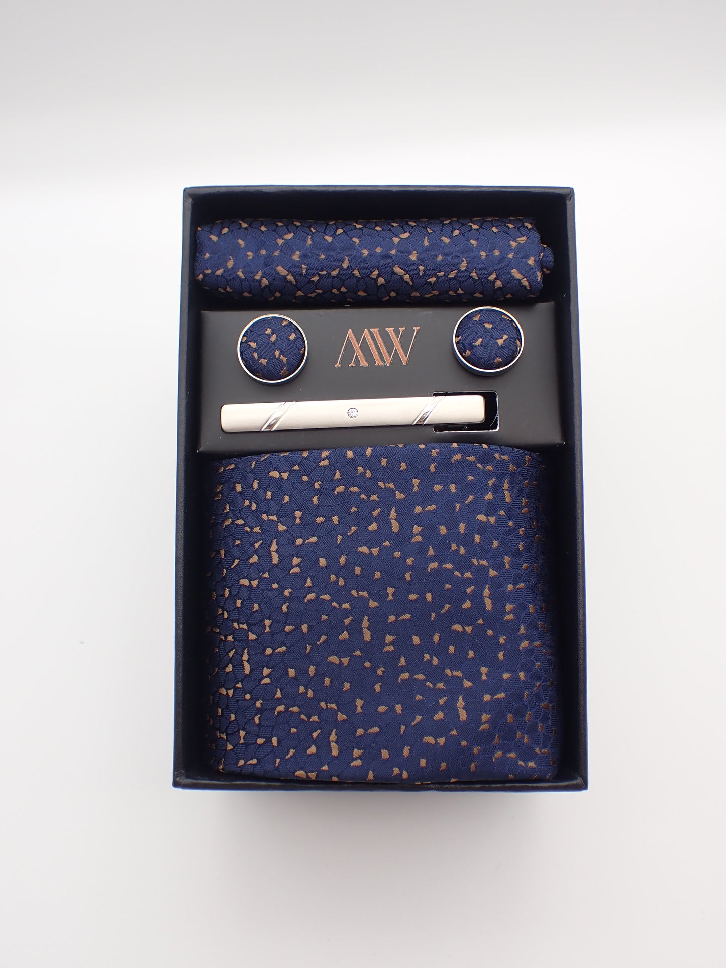 Navy Blue with Gold Leaf Pattern Tie Set / Pocket Square, Bowtie, Tie Clip, Cufflinks / Gift for Him / Wedding Groomsmen Gift / Men's Present