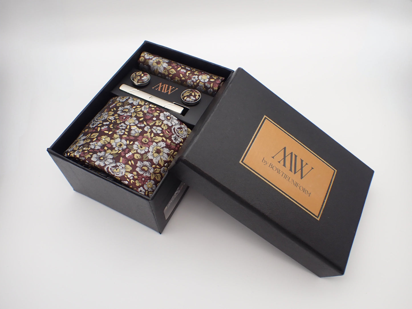 Brown Floral Paisley Tie Set / Pocket Square, Bowtie, Tie Clip, Cufflinks / Gift for Him / Wedding Groomsmen Gift / Men's Gift Box