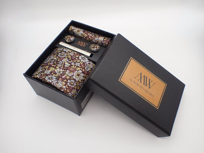 Brown Floral Paisley Tie Set / Pocket Square, Bowtie, Tie Clip, Cufflinks / Gift for Him / Wedding Groomsmen Gift / Men's Gift Box
