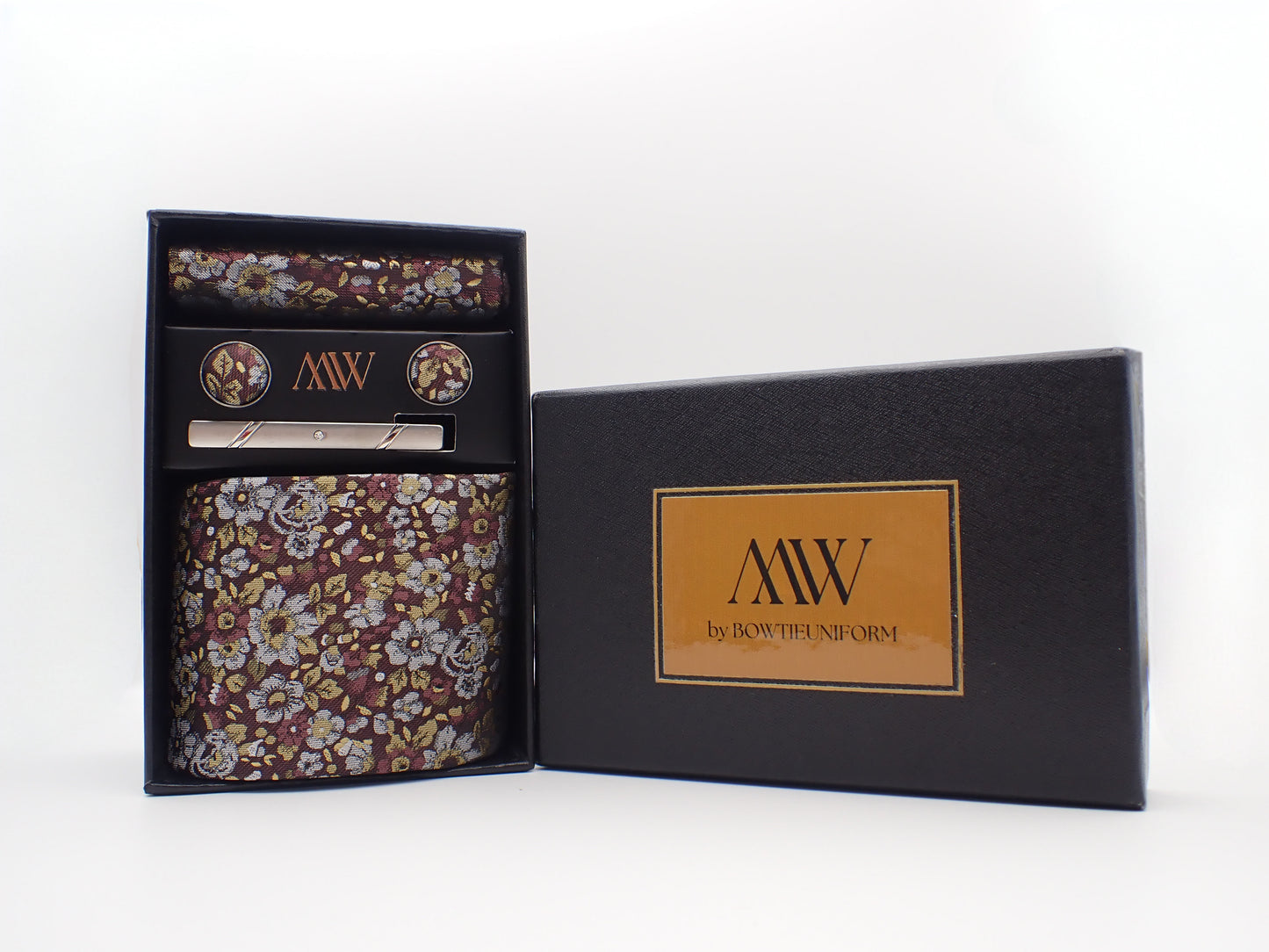 Brown Floral Paisley Tie Set / Pocket Square, Bowtie, Tie Clip, Cufflinks / Gift for Him / Wedding Groomsmen Gift / Men's Gift Box