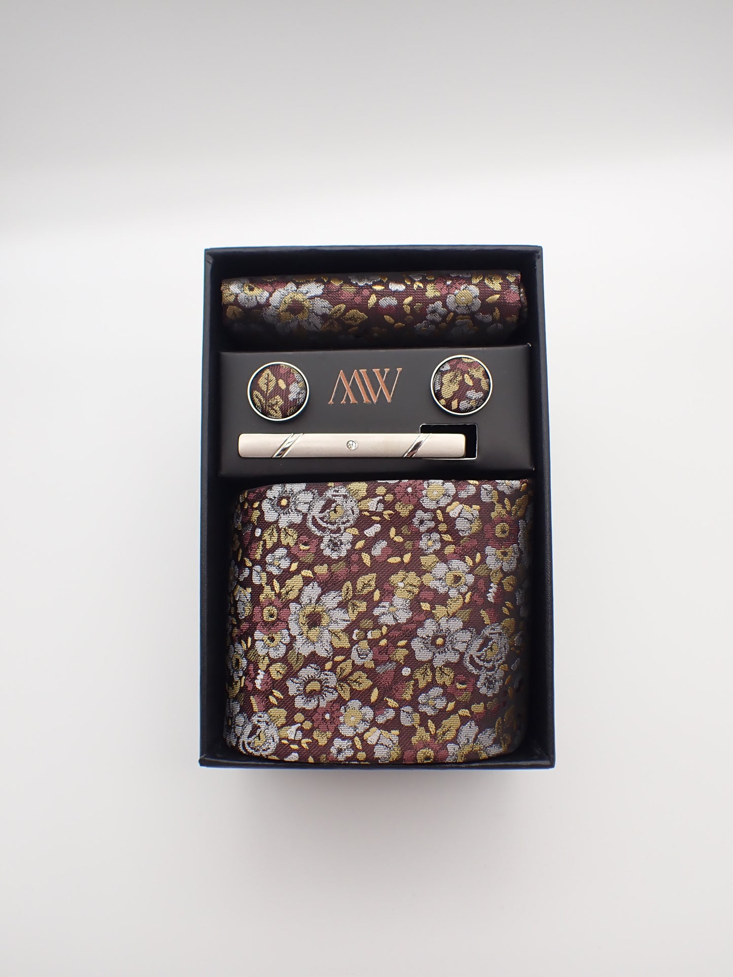 Brown Floral Paisley Tie Set / Pocket Square, Bowtie, Tie Clip, Cufflinks / Gift for Him / Wedding Groomsmen Gift / Men's Gift Box