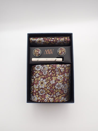 Brown Floral Paisley Tie Set / Pocket Square, Bowtie, Tie Clip, Cufflinks / Gift for Him / Wedding Groomsmen Gift / Men's Gift Box