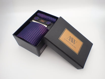 Regency Purple Pattern Tie Set / Pocket Square, Bowtie, Tie Clip, Cufflinks / Gift for Him / Wedding Groomsmen Gift / Men's Present / Box