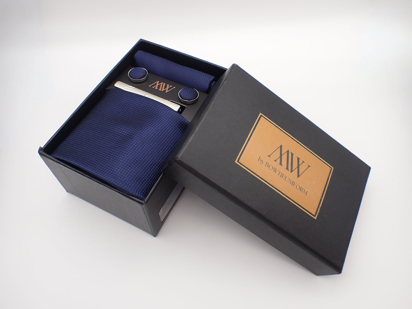 Navy Blue Square Necktie Set / Pocket Square Tie Bowtie Cufflinks Set / Wedding Tie / Tie Clips / Gift for him Mens Groomsmen Gift