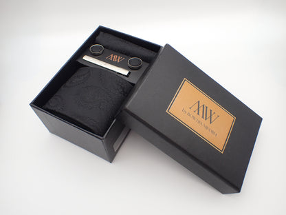 Black / Dark Paisley Pattern Necktie Set / Pocket Square Tie Bowtie Cufflinks Set / Wedding Tie / Tie Clips / Gift for him Mens Groomsmen