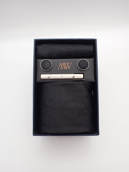 Black / Dark Paisley Pattern Necktie Set / Pocket Square Tie Bowtie Cufflinks Set / Wedding Tie / Tie Clips / Gift for him Mens Groomsmen