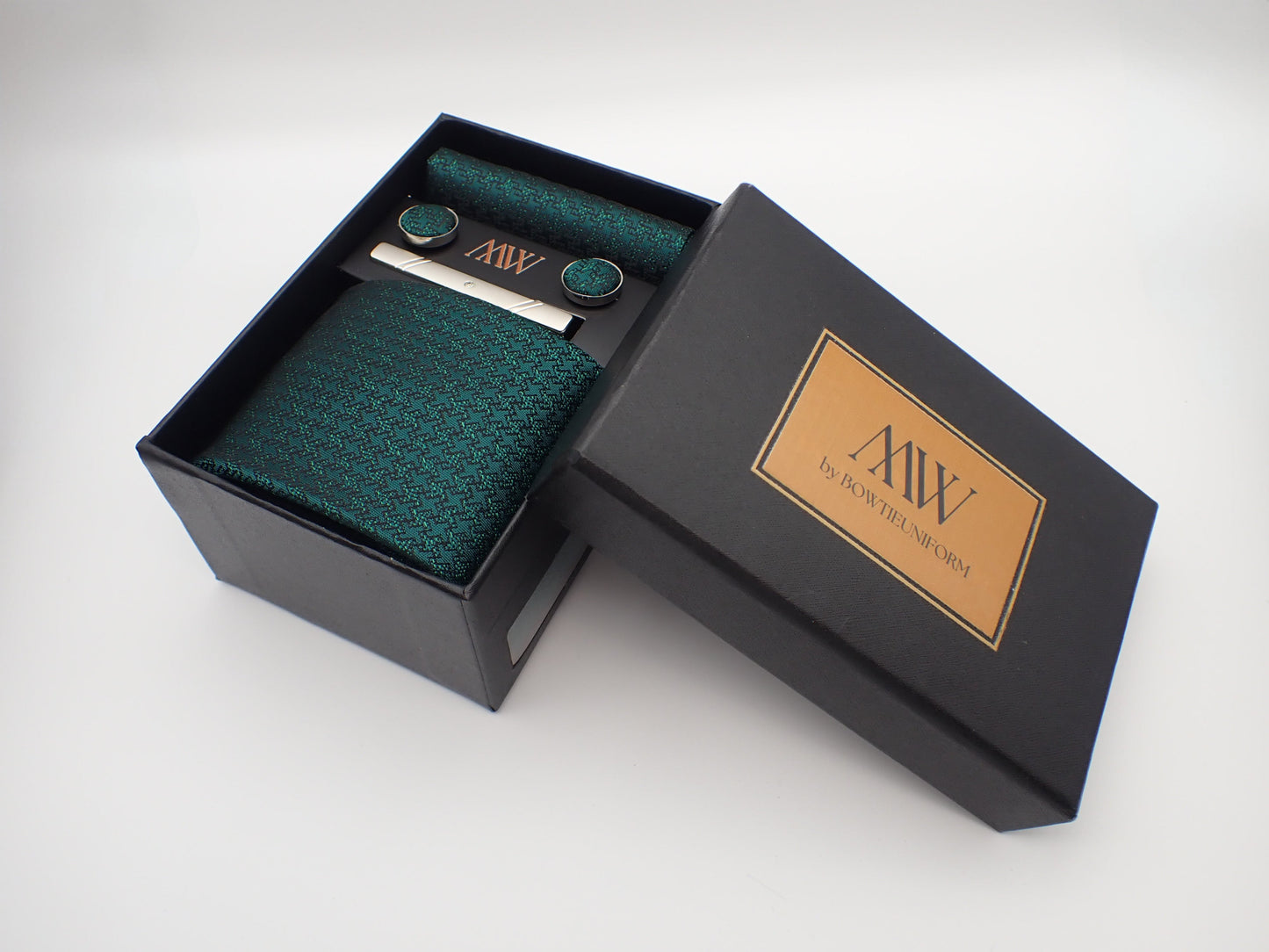 Forest Green Paisley Tie Set / Pocket Square, Bowtie, Tie Clip, Cufflinks / Gift for Him / Wedding Groomsmen Gift / Men's Gift Box / Purple