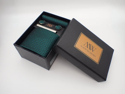 Forest Green Paisley Tie Set / Pocket Square, Bowtie, Tie Clip, Cufflinks / Gift for Him / Wedding Groomsmen Gift / Men's Gift Box / Purple