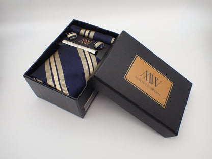 Navy Blue Rose Gold Stripe Necktie Set / Pocket Square Tie Bowtie Cufflinks Set / Wedding Tie / Tie Clips / Gift for him Mens Groomsmen Gift