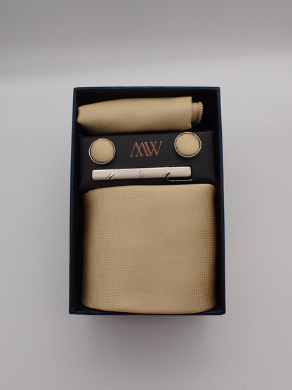 Champagne Square Pattern Tie Set / Pocket Square, Bowtie, Tie Clip, Cufflinks / Gift for Him / Wedding Groomsmen Gift / Men's Present / Box