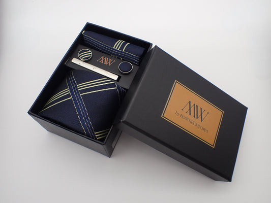 Navy Blue Stripe Pattern Tie Set / Pocket Square, Bowtie, Tie Clip, Cufflinks / Gift for Him / Wedding Groomsmen Gift / Men Gift Box