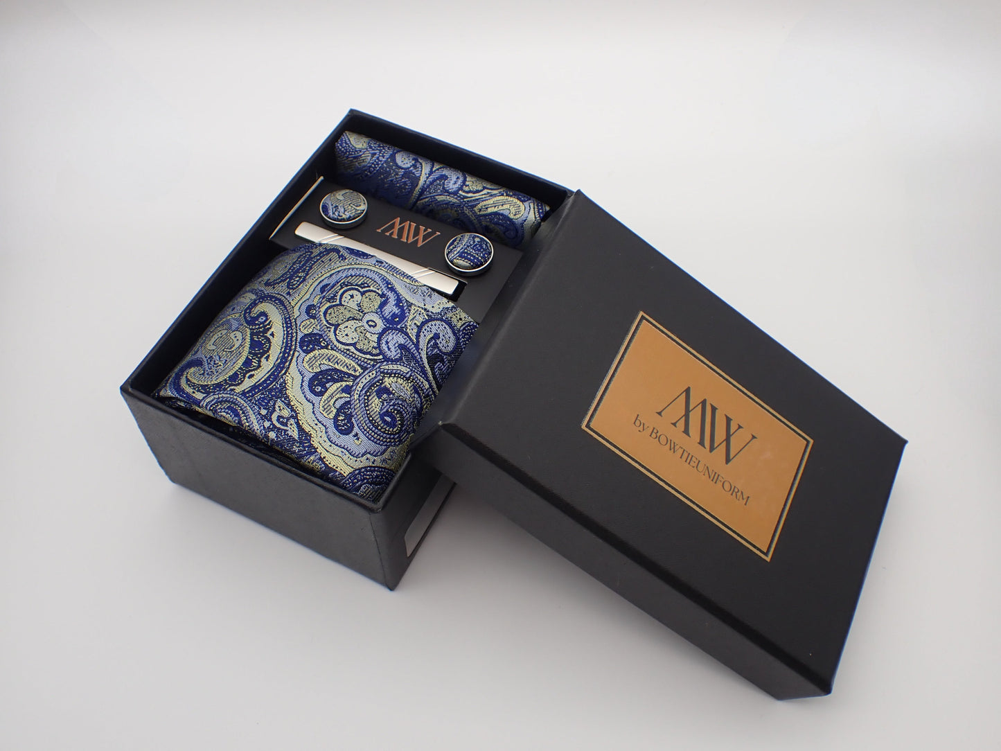Blue Paisley Tie Set / Pocket Square, Bowtie, Tie Clip, Cufflinks / Gift for Him / Wedding Groomsmen Gift / Men's Gift Box / Purple