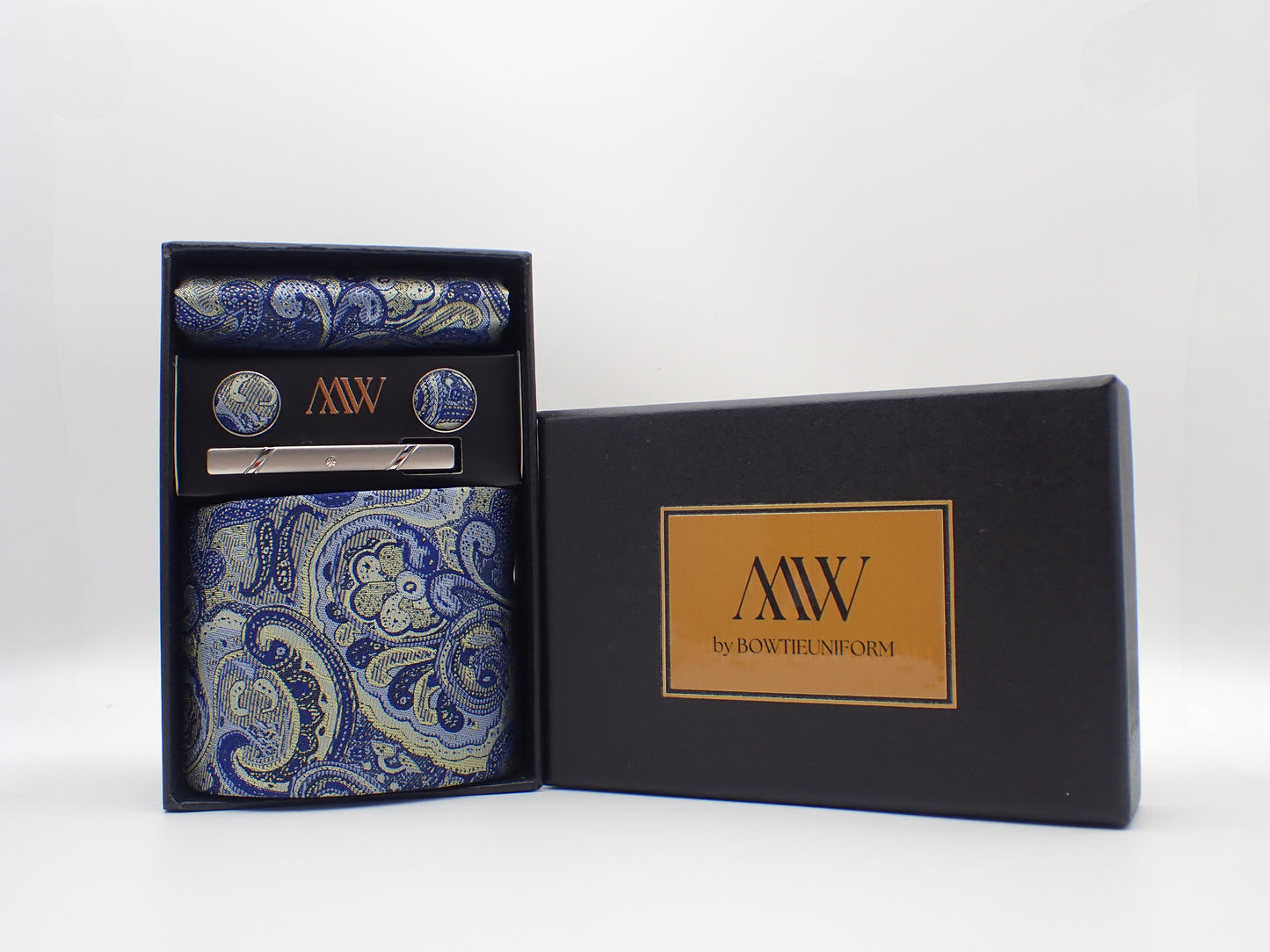 Blue Paisley Tie Set / Pocket Square, Bowtie, Tie Clip, Cufflinks / Gift for Him / Wedding Groomsmen Gift / Men's Gift Box / Purple