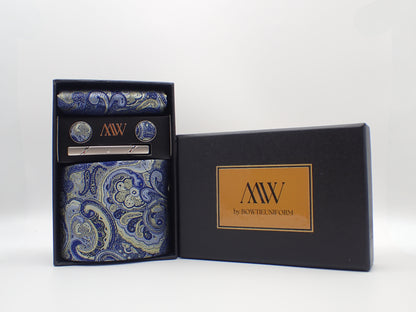 Blue Paisley Tie Set / Pocket Square, Bowtie, Tie Clip, Cufflinks / Gift for Him / Wedding Groomsmen Gift / Men's Gift Box / Purple