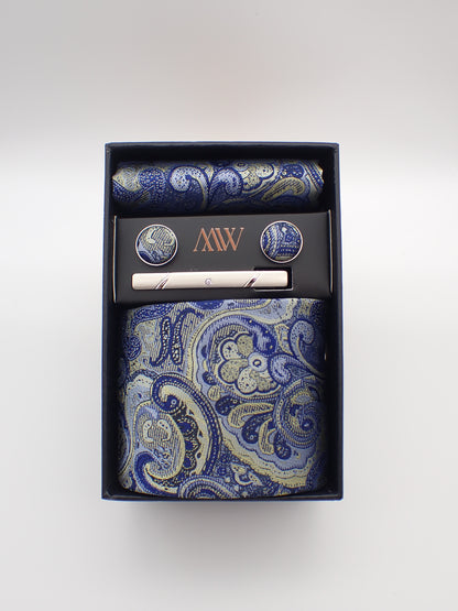 Blue Paisley Tie Set / Pocket Square, Bowtie, Tie Clip, Cufflinks / Gift for Him / Wedding Groomsmen Gift / Men's Gift Box / Purple