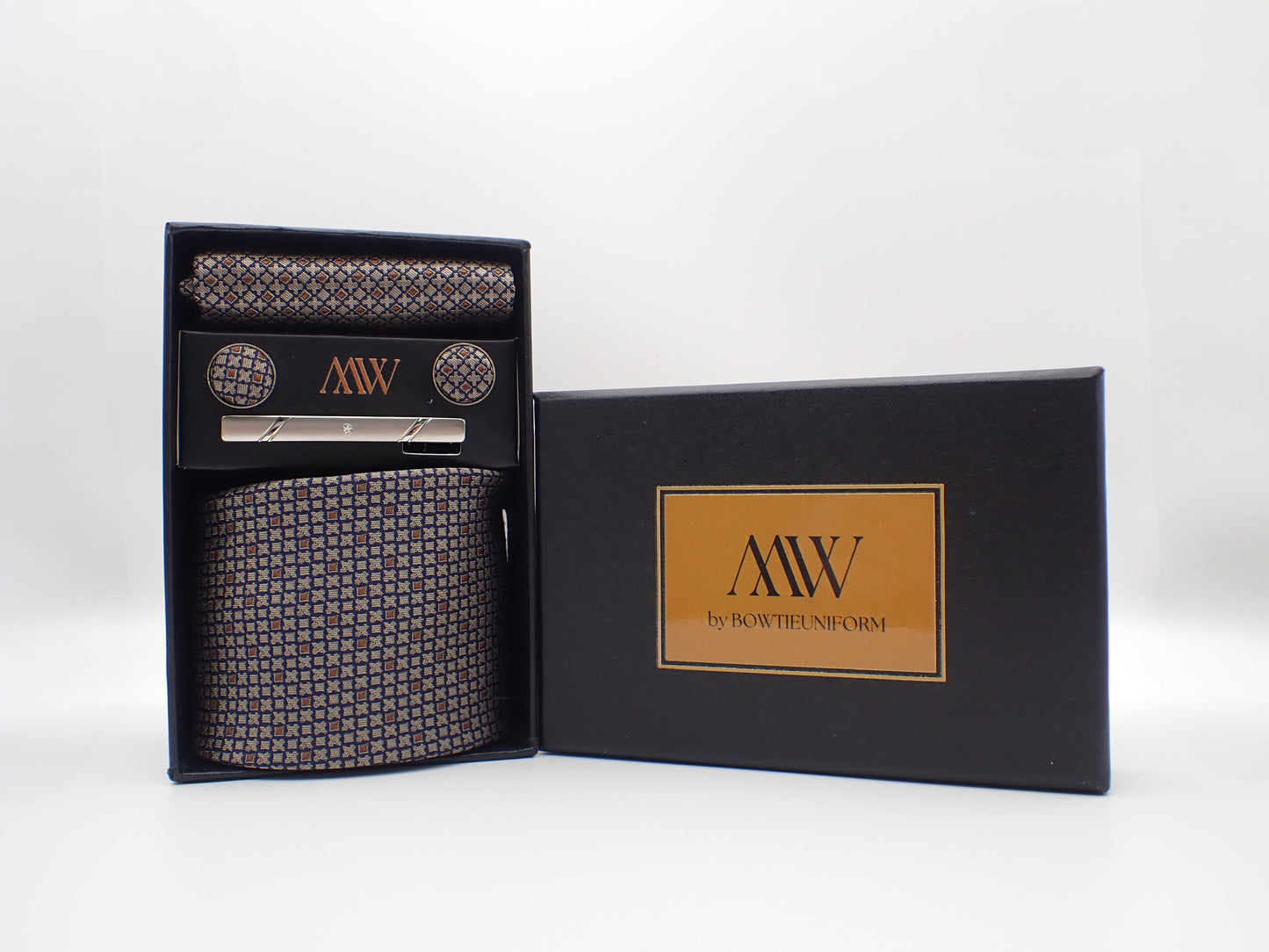 XOXO Brown Pattern Tie Set / Pocket Square Tie Bowtie Cufflinks Set / Wedding Tie / Tie Clips / Gift for him Mens Groomsmen Gift