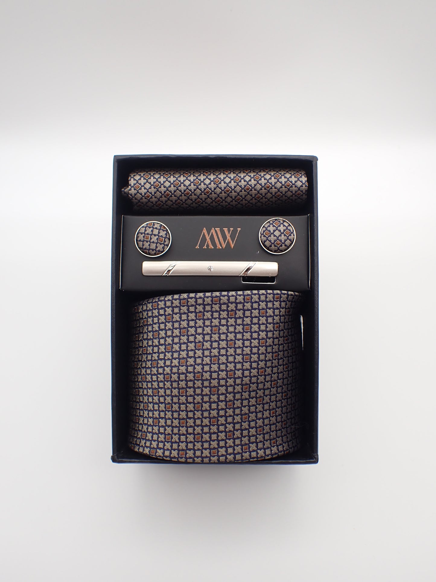 XOXO Brown Pattern Tie Set / Pocket Square Tie Bowtie Cufflinks Set / Wedding Tie / Tie Clips / Gift for him Mens Groomsmen Gift