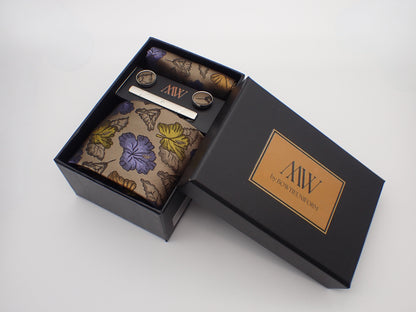 Brown Purple Gold Leaf Pattern Tie Set / Pocket Square, Bowtie, Tie Clip, Cufflinks / Gift for Him / Wedding Groomsmen Gift / Men Gift Box