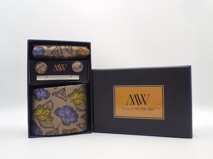 Brown Purple Gold Leaf Pattern Tie Set / Pocket Square, Bowtie, Tie Clip, Cufflinks / Gift for Him / Wedding Groomsmen Gift / Men Gift Box