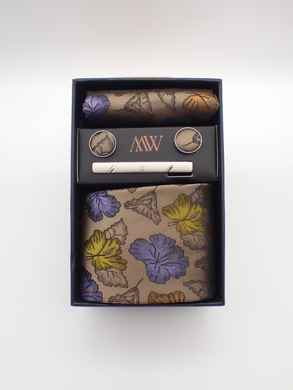 Brown Purple Gold Leaf Pattern Tie Set / Pocket Square, Bowtie, Tie Clip, Cufflinks / Gift for Him / Wedding Groomsmen Gift / Men Gift Box