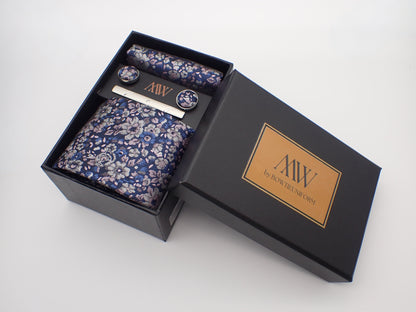 Blue Floral Paisley Tie Set / Pocket Square, Bowtie, Tie Clip, Cufflinks / Gift for Him / Wedding Groomsmen Gift / Men's Gift Box / Purple