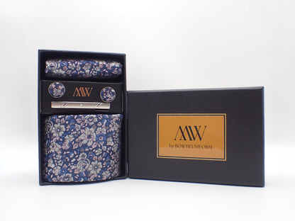 Blue Floral Paisley Tie Set / Pocket Square, Bowtie, Tie Clip, Cufflinks / Gift for Him / Wedding Groomsmen Gift / Men's Gift Box / Purple