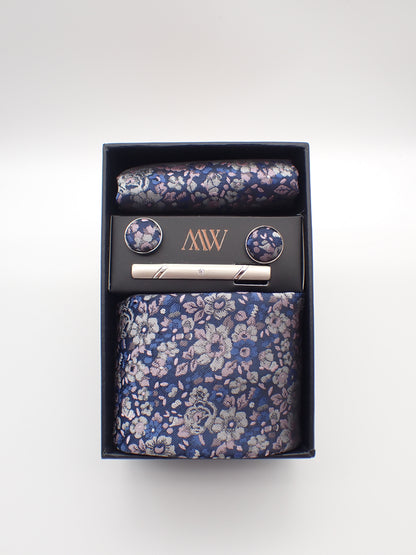 Blue Floral Paisley Tie Set / Pocket Square, Bowtie, Tie Clip, Cufflinks / Gift for Him / Wedding Groomsmen Gift / Men's Gift Box / Purple