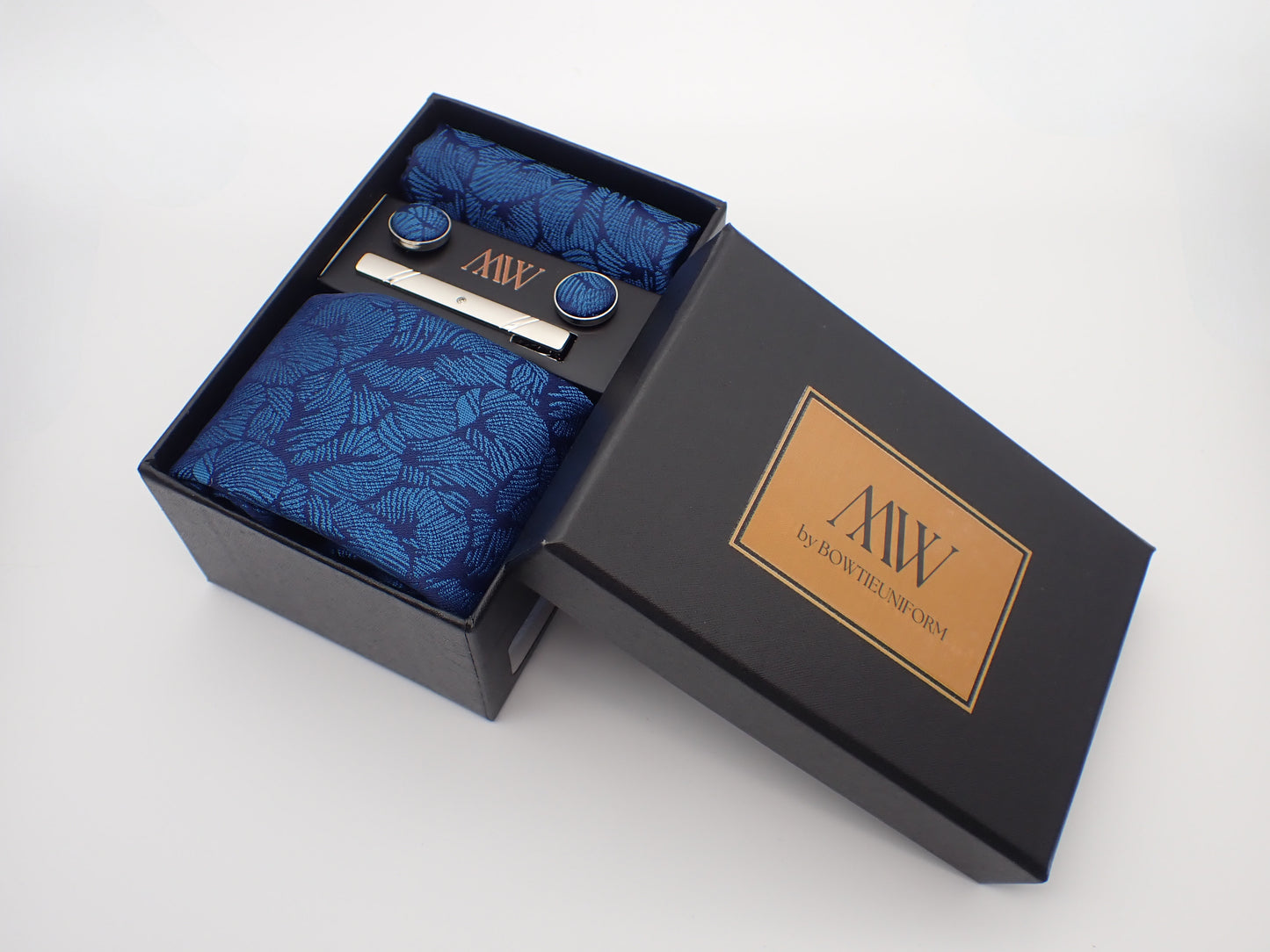 Navy Blue Leaf Pattern Tie Set / Pocket Square, Bowtie, Tie Clip, Cufflinks / Gift for Him / Wedding Groomsmen Gift / Men's Present / Box