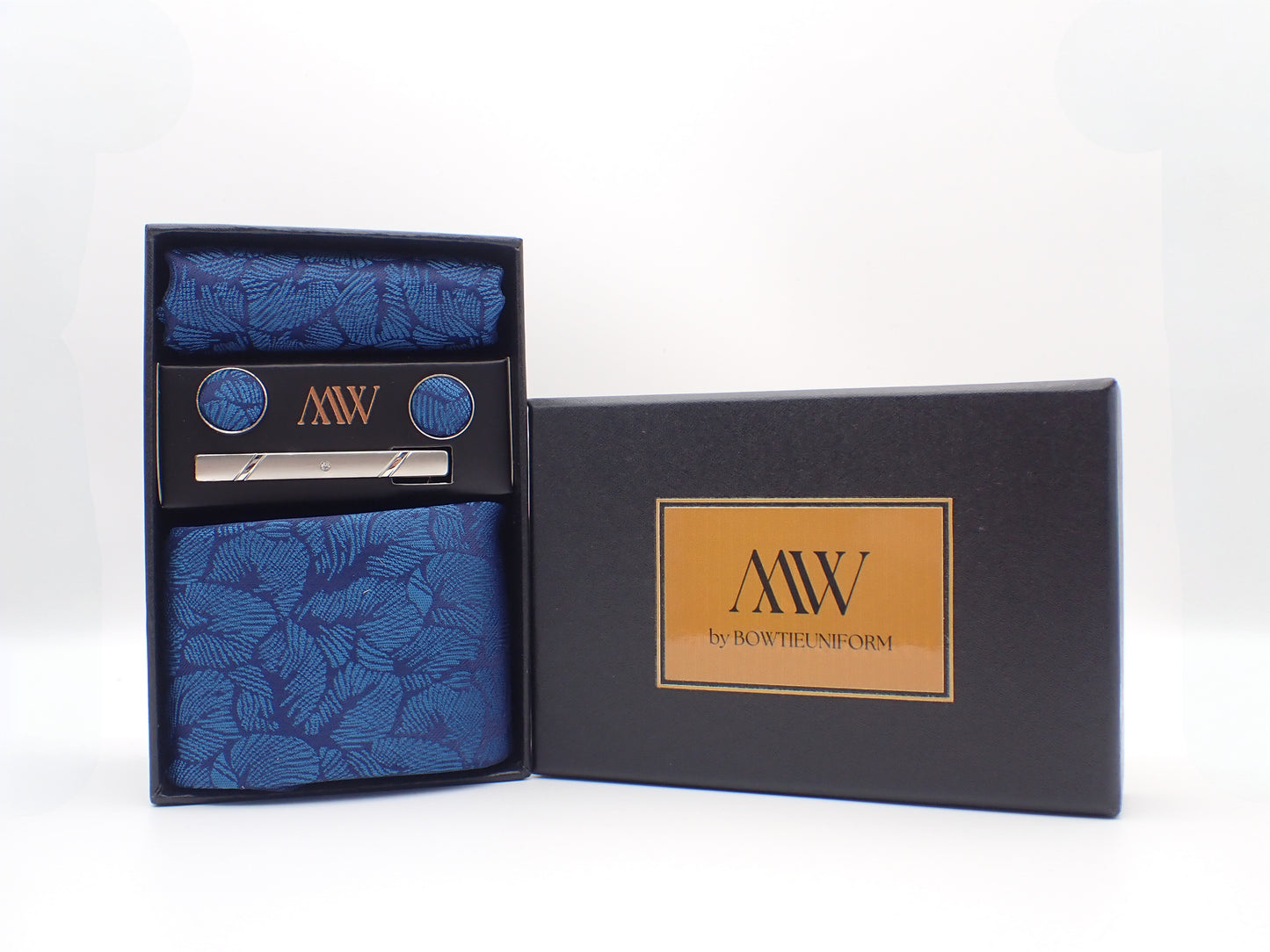 Navy Blue Leaf Pattern Tie Set / Pocket Square, Bowtie, Tie Clip, Cufflinks / Gift for Him / Wedding Groomsmen Gift / Men's Present / Box