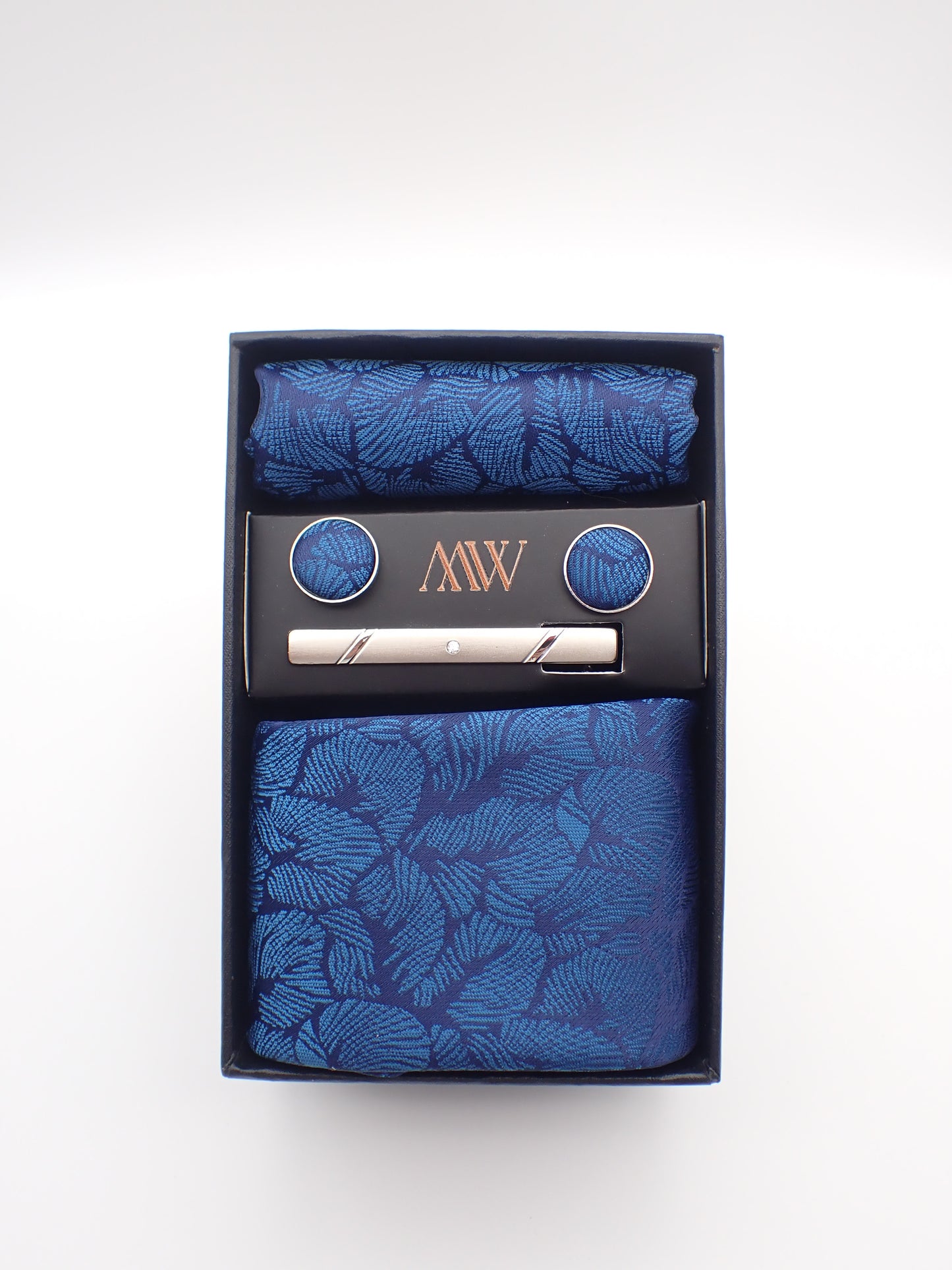 Navy Blue Leaf Pattern Tie Set / Pocket Square, Bowtie, Tie Clip, Cufflinks / Gift for Him / Wedding Groomsmen Gift / Men's Present / Box