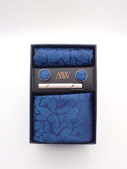 Navy Blue Leaf Pattern Tie Set / Pocket Square, Bowtie, Tie Clip, Cufflinks / Gift for Him / Wedding Groomsmen Gift / Men's Present / Box